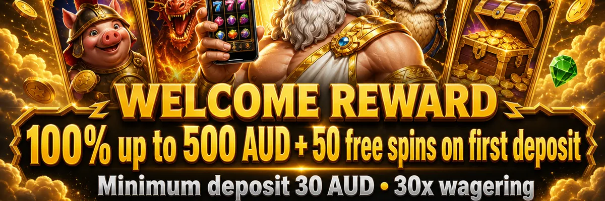 Bearded Olympian god presenting a glowing smartphone beside gemstones and casino game panels on a dark golden stage
